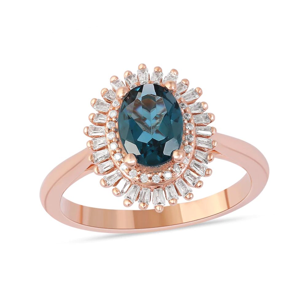 Oval London Blue Topaz and 0.25 CT. T.W. Baguette and Round Diamond Double Frame Ring in 10K Rose Gold|Peoples Jewellers