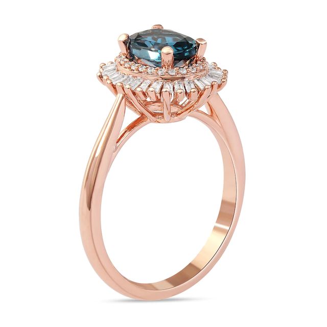 Oval London Blue Topaz and 0.25 CT. T.W. Baguette and Round Diamond Double Frame Ring in 10K Rose Gold|Peoples Jewellers