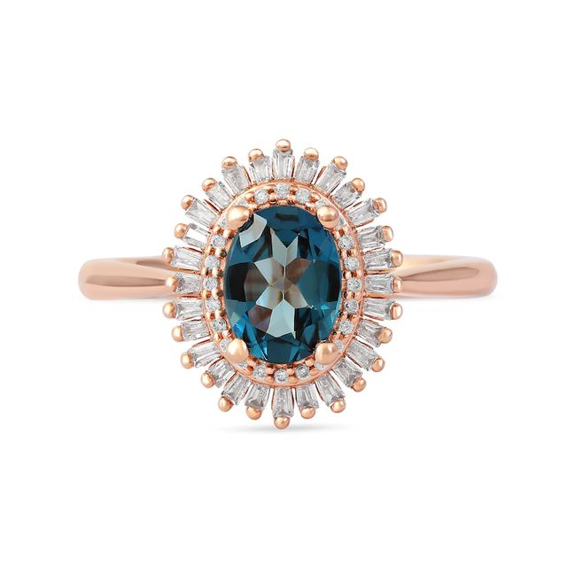 Oval London Blue Topaz and 0.25 CT. T.W. Baguette and Round Diamond Double Frame Ring in 10K Rose Gold