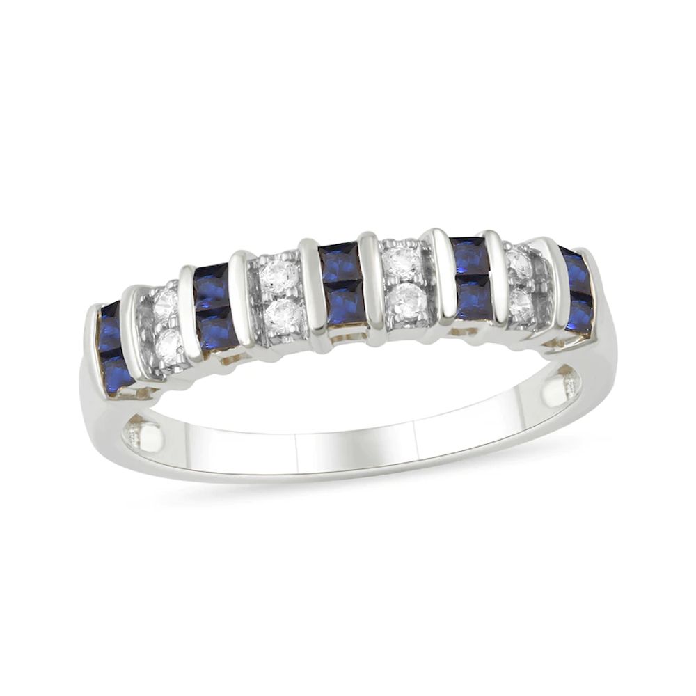 Princess-Cut Blue Sapphire and 0.10 CT. T.W. Diamond Alternating Duos Ring in 10K White Gold|Peoples Jewellers