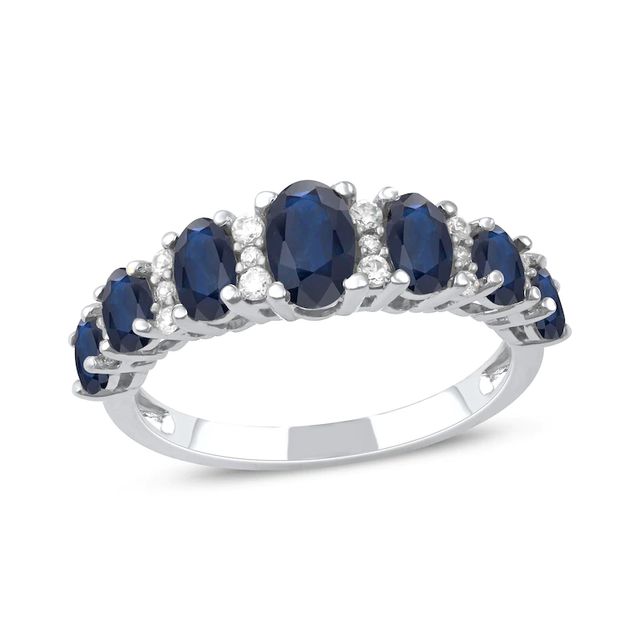 Oval Blue Sapphire and 0.15 CT. T.W. Diamond Graduated Seven Stone Alternating Trios Ring in 10K White Gold|Peoples Jewellers