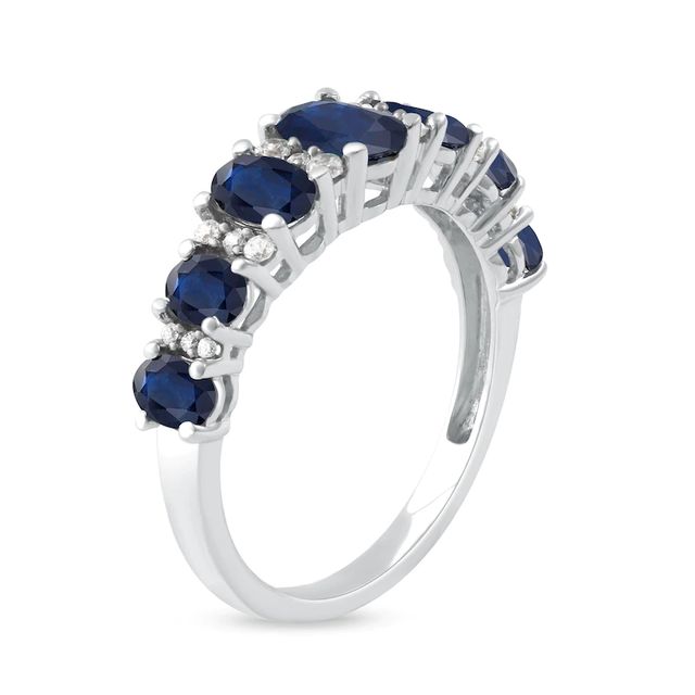 Oval Blue Sapphire and 0.15 CT. T.W. Diamond Graduated Seven Stone Alternating Trios Ring in 10K White Gold|Peoples Jewellers