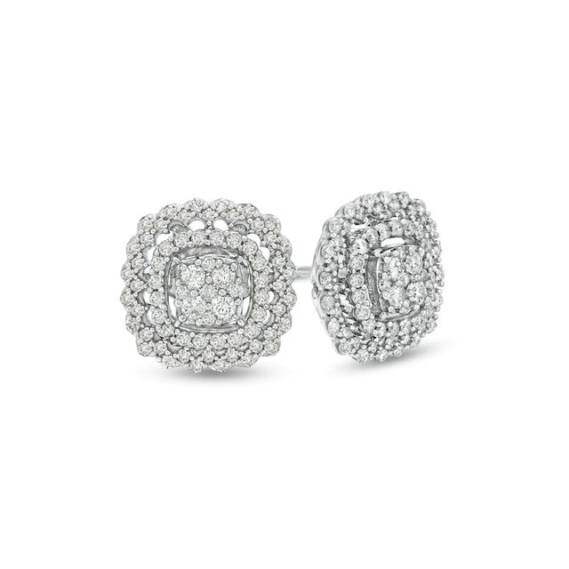 1.00 CT. T.W. Composite Diamond Double Cushion Scallop Frame Stud Earrings in 10K White Gold|Peoples Jewellers
