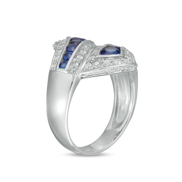 Graduated Lab-Created Blue and White Sapphire Triple Row Bypass Loop Ribbon Ring in Sterling Silver