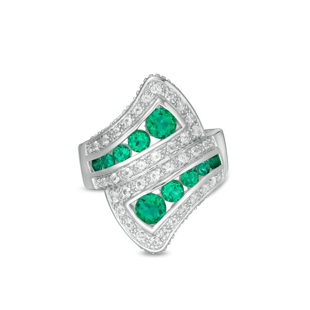 Graduated Lab-Created Emerald and White Sapphire Triple Row Bypass Loop Ribbon Ring in Sterling Silver|Peoples Jewellers