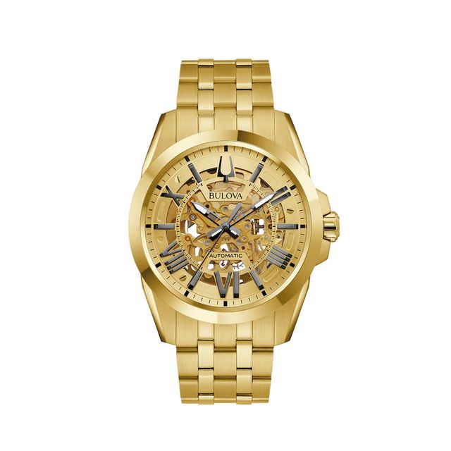 Men's Bulova Sutton Automatic Gold-Tone Watch with Gold-Tone Skeleton Dial (Model: 97A162)|Peoples Jewellers