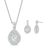 Pear-Shaped and Round Lab-Created White Sapphire Double Frame Drop Pendant and Drop Earrings Set in Sterling Silver|Peoples Jewellers