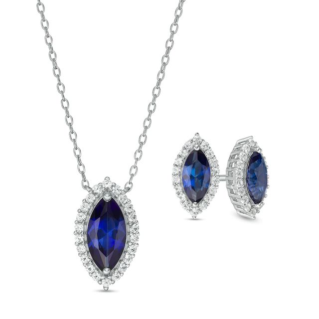 Marquise Lab-Created Blue and White Sapphire Frame Necklace and Stud Earrings Set in Sterling Silver|Peoples Jewellers