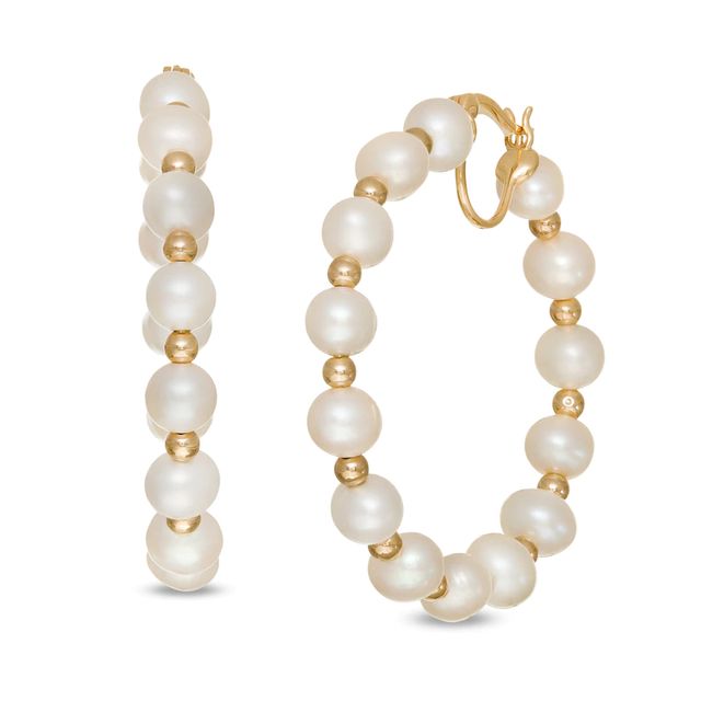 6.0-6.5mm Freshwater Cultured Pearl and Bead Alternating Hoop Earrings in 10K Gold|Peoples Jewellers