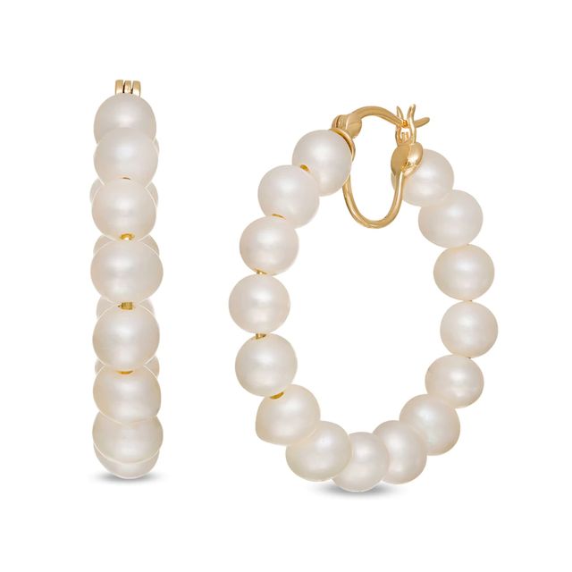 6.0-6.5mm Freshwater Cultured Pearl Hoop Earrings with a 10K Gold Back|Peoples Jewellers