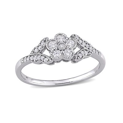 0.26 CT. T.W. Diamond Flower and Leaves Vintage-Style Ring in Sterling Silver|Peoples Jewellers