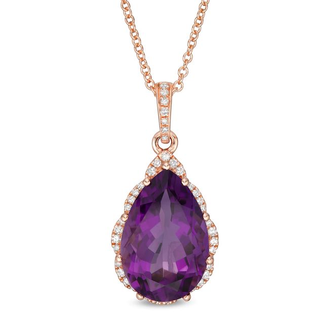 EFFY™ Collection Pear-Shaped Amethyst and 0.29 CT. T.W. Diamond Scallop Frame Pendant in 14K Rose Gold