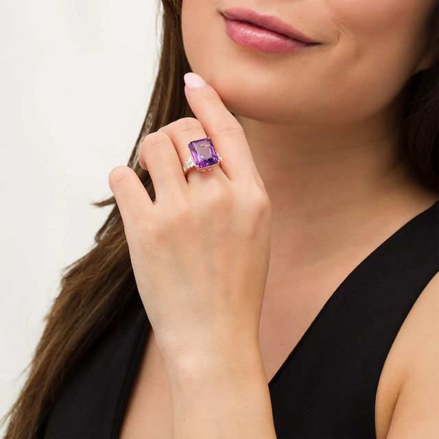 EFFY™ Collection Emerald-Cut Amethyst and 0.42 CT. T.W. Diamond Art Deco Ring in 14K Rose Gold|Peoples Jewellers