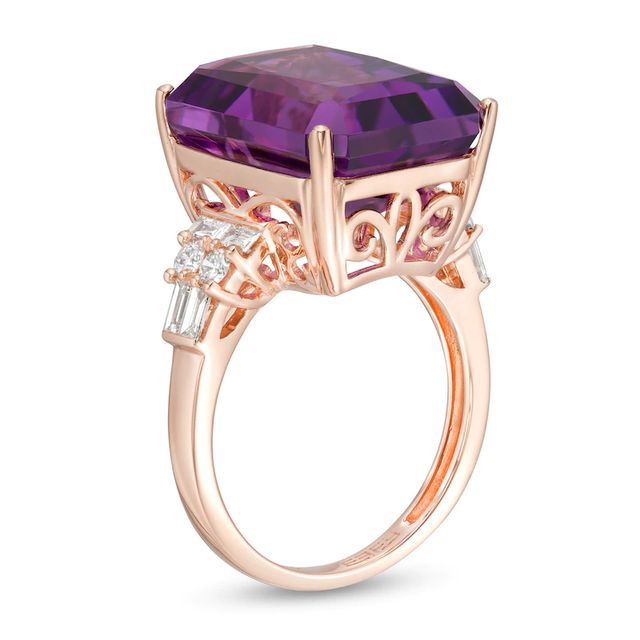 EFFY™ Collection Emerald-Cut Amethyst and 0.42 CT. T.W. Diamond Art Deco Ring in 14K Rose Gold|Peoples Jewellers