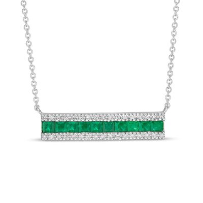 EFFY™ Collection Princess-Cut Emerald and 0.12 CT. T.W. Diamond Triple Row Bar Necklace in 14K White Gold|Peoples Jewellers