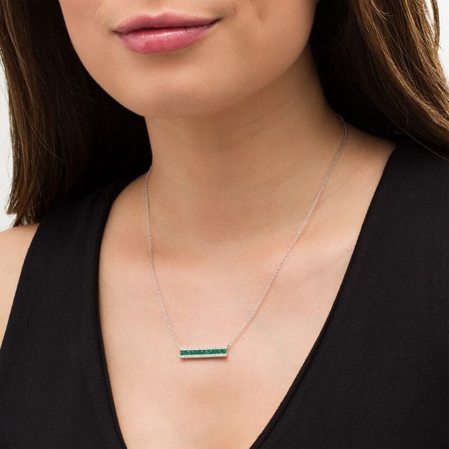 EFFY™ Collection Princess-Cut Emerald and 0.12 CT. T.W. Diamond Triple Row Bar Necklace in 14K White Gold|Peoples Jewellers