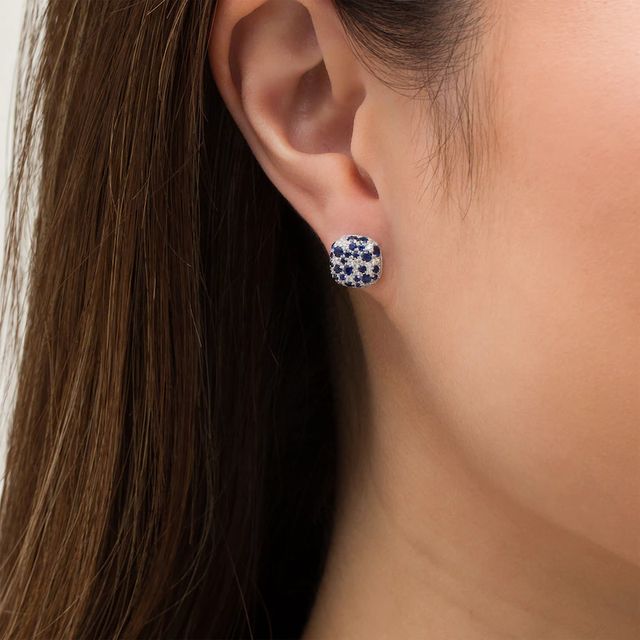 EFFY™ Collection Blue Sapphire and 0.38 CT. T.W. Diamond Cushion Cluster Stud Earrings in 14K White Gold|Peoples Jewellers