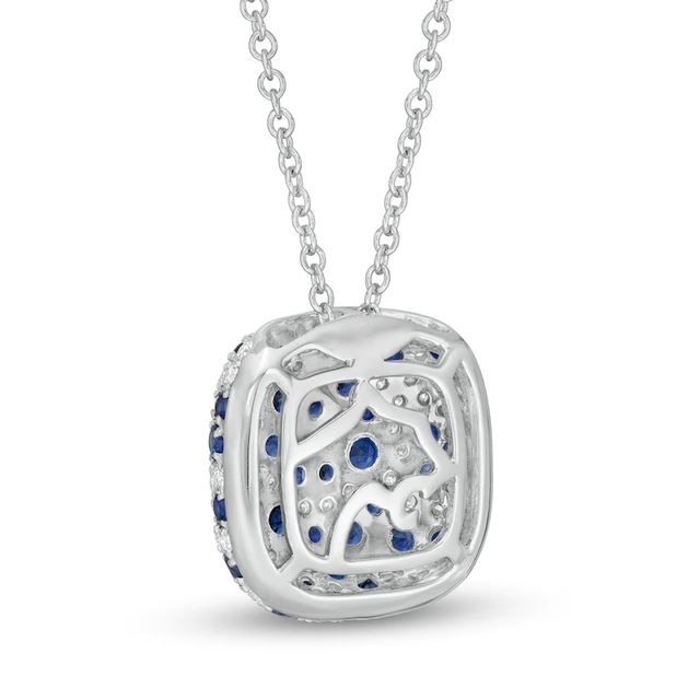 EFFY™ Collection Blue Sapphire and 0.38 CT. T.W. Diamond Cushion Cluster Pendant in 14K White Gold