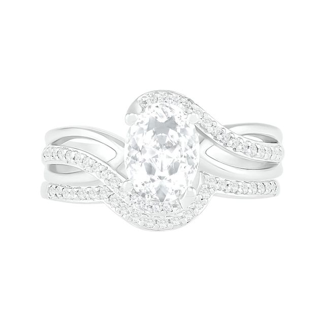Oval Lab-Created White Sapphire Crossover Bypass Split Shank Bridal Set in Sterling Silver|Peoples Jewellers