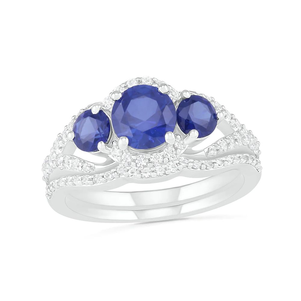 Lab-Created Blue and White Sapphire Frame Three Stone Split Shank Bridal Set in Sterling Silver|Peoples Jewellers