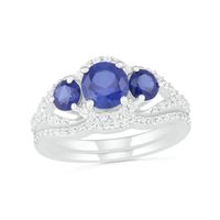 Lab-Created Blue and White Sapphire Frame Three Stone Split Shank Bridal Set in Sterling Silver|Peoples Jewellers