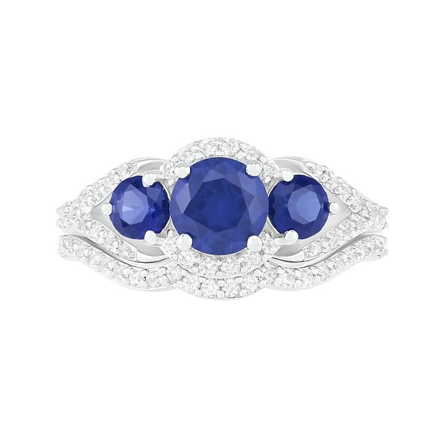 Lab-Created Blue and White Sapphire Frame Three Stone Split Shank Bridal Set in Sterling Silver|Peoples Jewellers