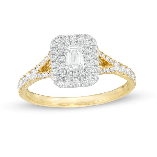 0.75 CT. T.W. Emerald-Cut Diamond Double Frame Split Shank Engagement Ring in 14K Two-Tone Gold|Peoples Jewellers