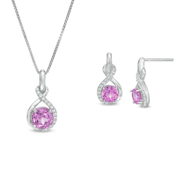 Lab-Created Pink and White Sapphire Infinity Drop Pendant and Drop Earrings Set in Sterling Silver