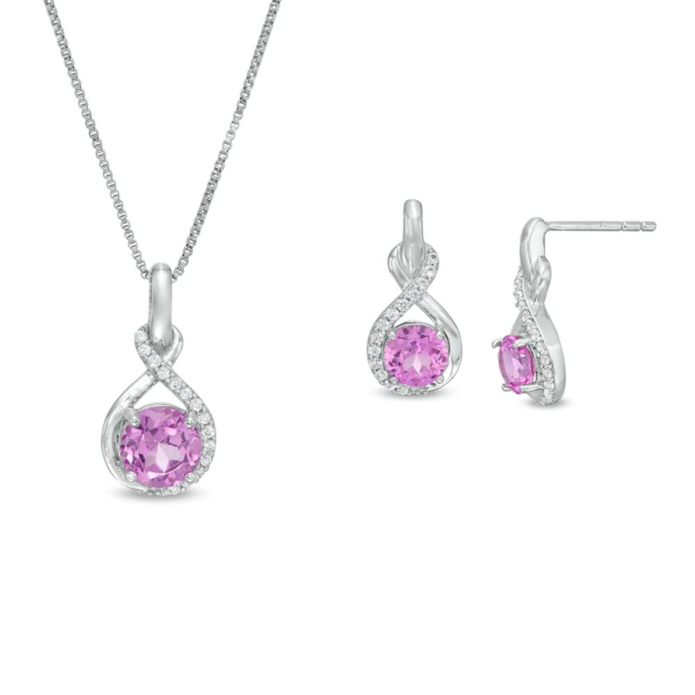 Lab-Created Pink and White Sapphire Infinity Drop Pendant and Drop Earrings Set in Sterling Silver|Peoples Jewellers