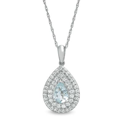 Pear-Shaped Aquamarine and Lab-Created White Sapphire Double Frame Teardrop Pendant in Sterling Silver|Peoples Jewellers