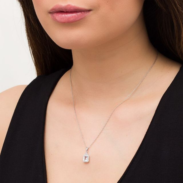 Emerald-Cut Aquamarine and Lab-Created White Sapphire Octagonal Frame Tri-Top Drop Pendant in Sterling Silver|Peoples Jewellers