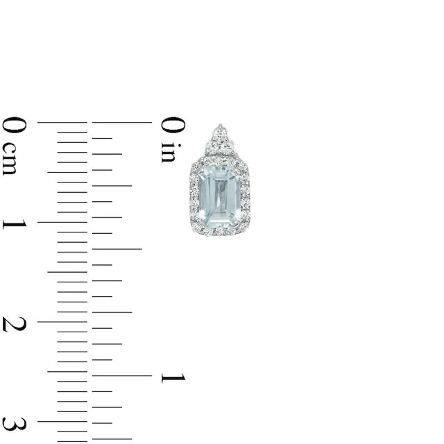 Emerald-Cut Aquamarine and Lab-Created White Sapphire Octagonal Frame Tri-Top Drop Earrings in Sterling Silver