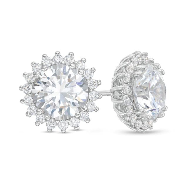 8.0mm Lab-Created White Sapphire Sunburst Frame Stud Earrings in Sterling Silver