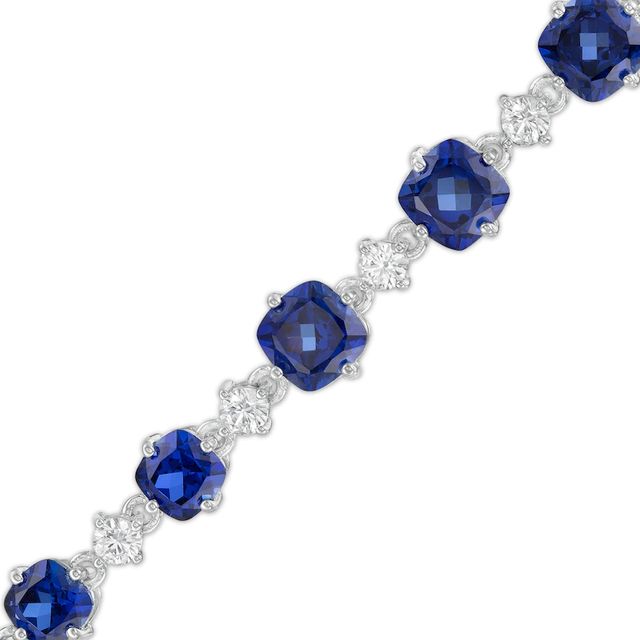 Graduating Cushion-Cut Lab-Created Blue and White Sapphire Link Alternating Line Bracelet in Sterling Silver - 7.25"