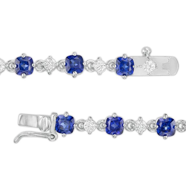 Graduating Cushion-Cut Lab-Created Blue and White Sapphire Link Alternating Line Bracelet in Sterling Silver - 7.25"