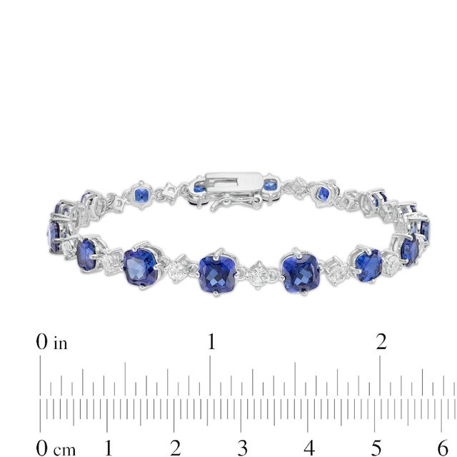 Graduating Cushion-Cut Lab-Created Blue and White Sapphire Link Alternating Line Bracelet in Sterling Silver - 7.25"