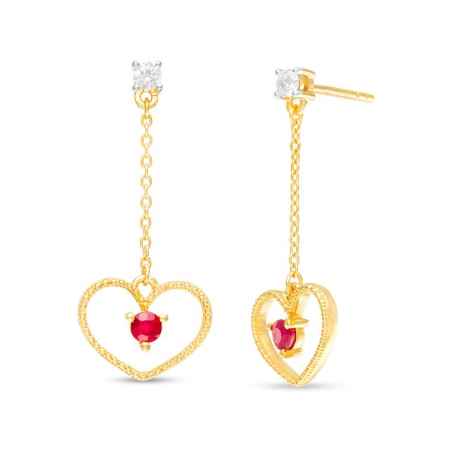 Ruby and 1/10 CT. T.W. Diamond Beaded Heart Outline Chain Drop Earrings in 10K Gold|Peoples Jewellers