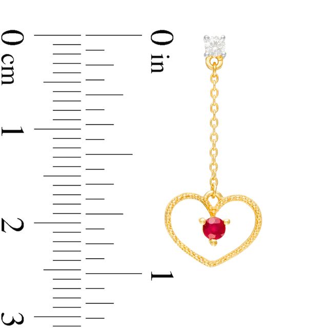 Ruby and 1/10 CT. T.W. Diamond Beaded Heart Outline Chain Drop Earrings in 10K Gold|Peoples Jewellers