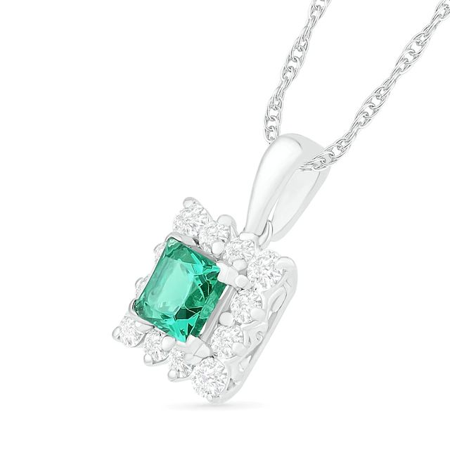 5.0mm Princess-Cut Lab-Created Emerald and White Sapphire Shadow Frame Drop Pendant in Sterling Silver|Peoples Jewellers