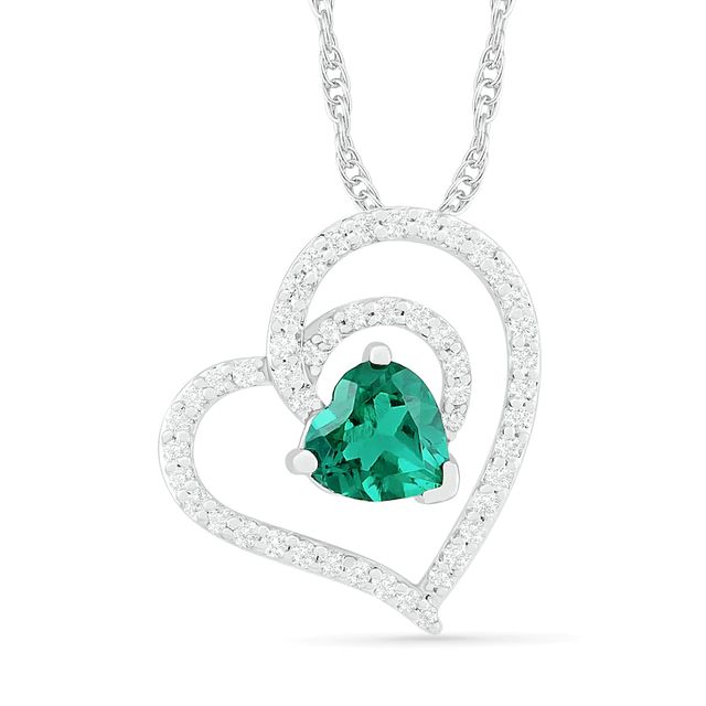 6.0mm Lab-Created Emerald and White Sapphire Tilted Double Loop Heart Pendant in Sterling Silver|Peoples Jewellers