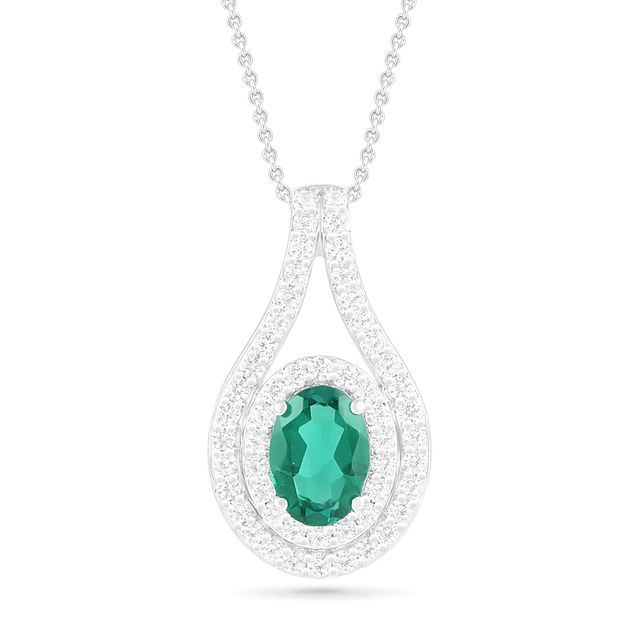Oval Lab-Created Emerald and White Sapphire Frame Open Teardrop Pendant in Sterling Silver|Peoples Jewellers