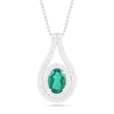 Oval Lab-Created Emerald and White Sapphire Frame Open Teardrop Pendant in Sterling Silver|Peoples Jewellers