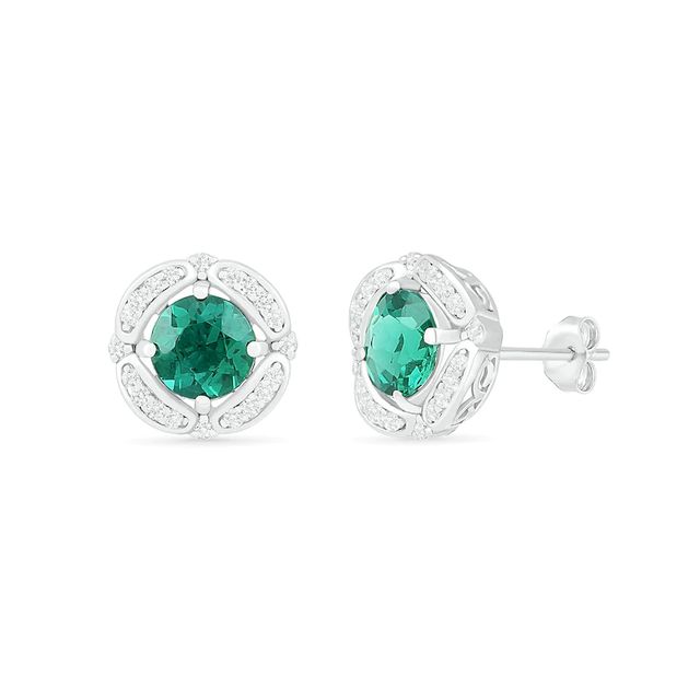 6.0mm Lab-Created Emerald and White Sapphire Open Clover Frame Stud Earrings in Sterling Silver