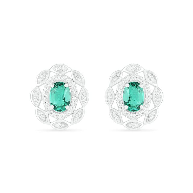 Oval Lab-Created Emerald and White Sapphire Open Double Frame Art Deco Stud Earrings in Sterling Silver|Peoples Jewellers