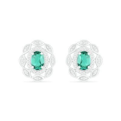 Oval Lab-Created Emerald and White Sapphire Open Double Frame Art Deco Stud Earrings in Sterling Silver|Peoples Jewellers