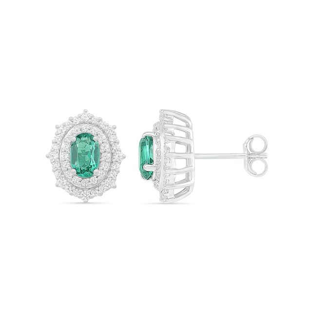 Oval Lab-Created Emerald and White Sapphire Ornate Double Frame Vintage-Style Stud Earrings in Sterling Silver|Peoples Jewellers