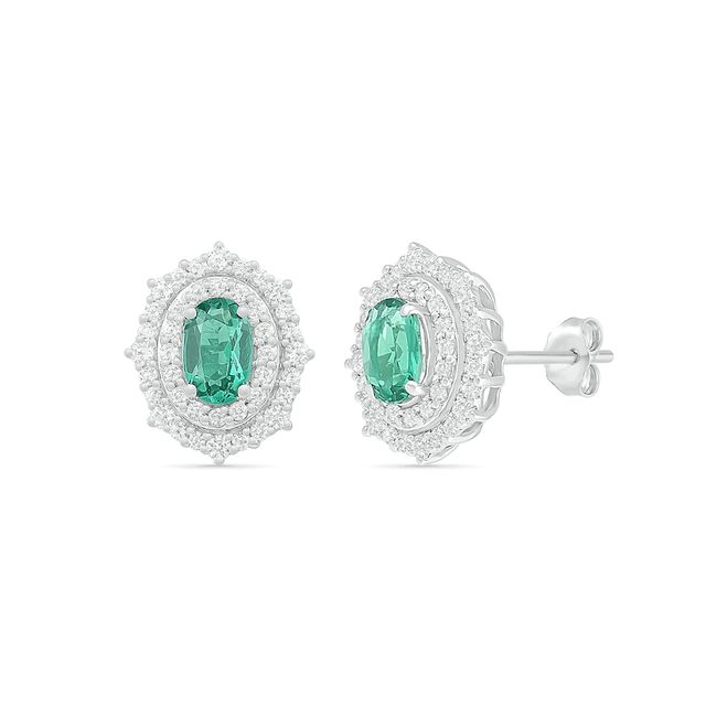 Oval Lab-Created Emerald and White Sapphire Ornate Double Frame Vintage-Style Stud Earrings in Sterling Silver|Peoples Jewellers
