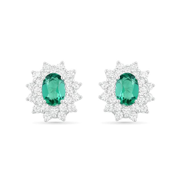 Oval Lab-Created Emerald and White Sapphire Sunburst Double Frame Stud Earrings in Sterling Silver|Peoples Jewellers