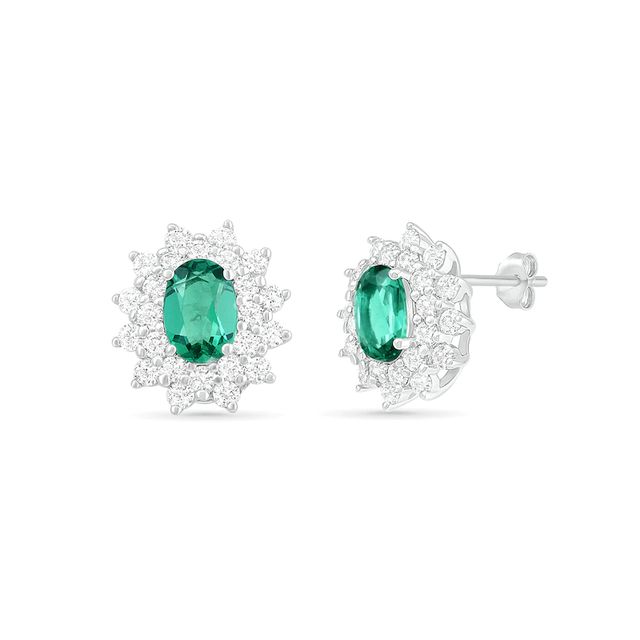 Oval Lab-Created Emerald and White Sapphire Sunburst Double Frame Stud Earrings in Sterling Silver|Peoples Jewellers