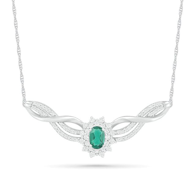 Oval Lab-Created Emerald and White Sapphire Starburst Frame Triple Row Twist Ribbon Necklace in Sterling Silver|Peoples Jewellers